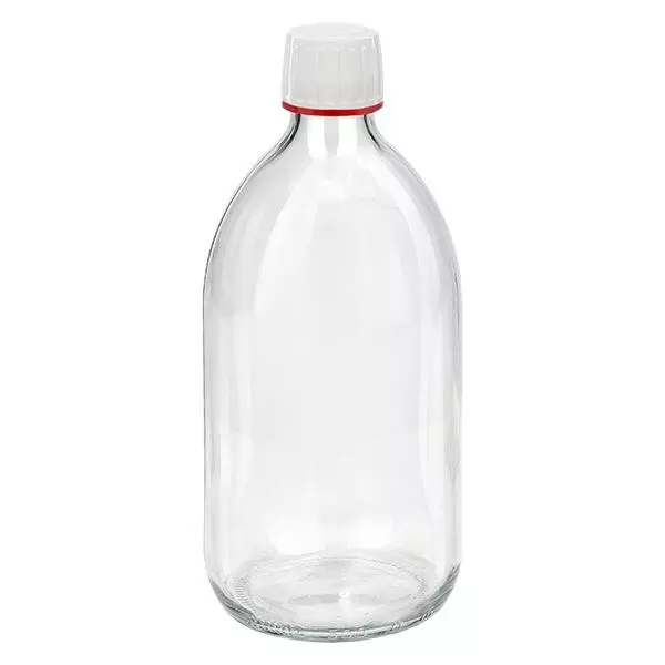 500ml Medizinflasche klar, Verschluss weiß mit Originalitätsring rot ApoGlas 500ml Medizinflasche klar, Verschluss weiß mit Originalitätsring rot ApoGlas