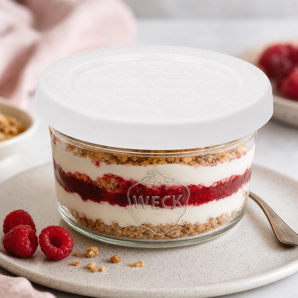 50ml Sturzglas mit Frischedeckel WECK RR60 WECK 50ml Sturzglas RR60 mit Schichtdessert und Himbeeren als Dessertvariante auf weißer Servierplatte