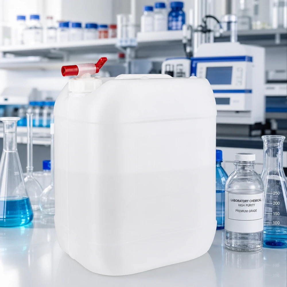 Stapelbarer Lagerkanister 20 Liter mit rotem Hahn zur sicheren Aufbewahrung von Laborchemikalien