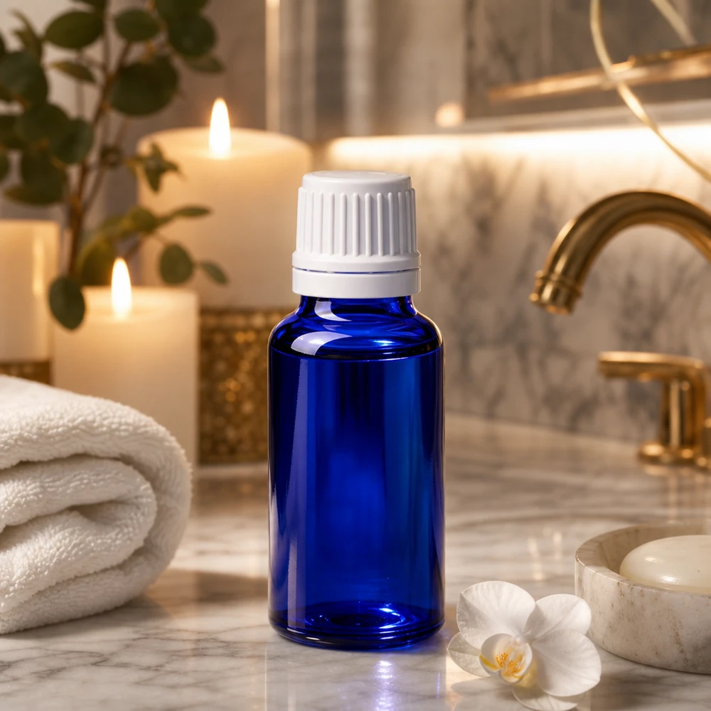 20ml blaue Flasche aus Apothekerglas mit präzisem 0,7mm Tropfer für Aromatherapie