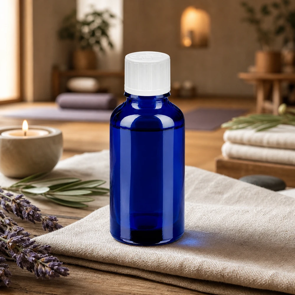 30ml Flasche 11mm Schraubverschluss weiß Standard Kindersicherung BlueLine UT18/30 Lichtschützende Glasflasche 30ml in Apothekerqualität mit ergonomischem Verschluss für einfache Handhabung