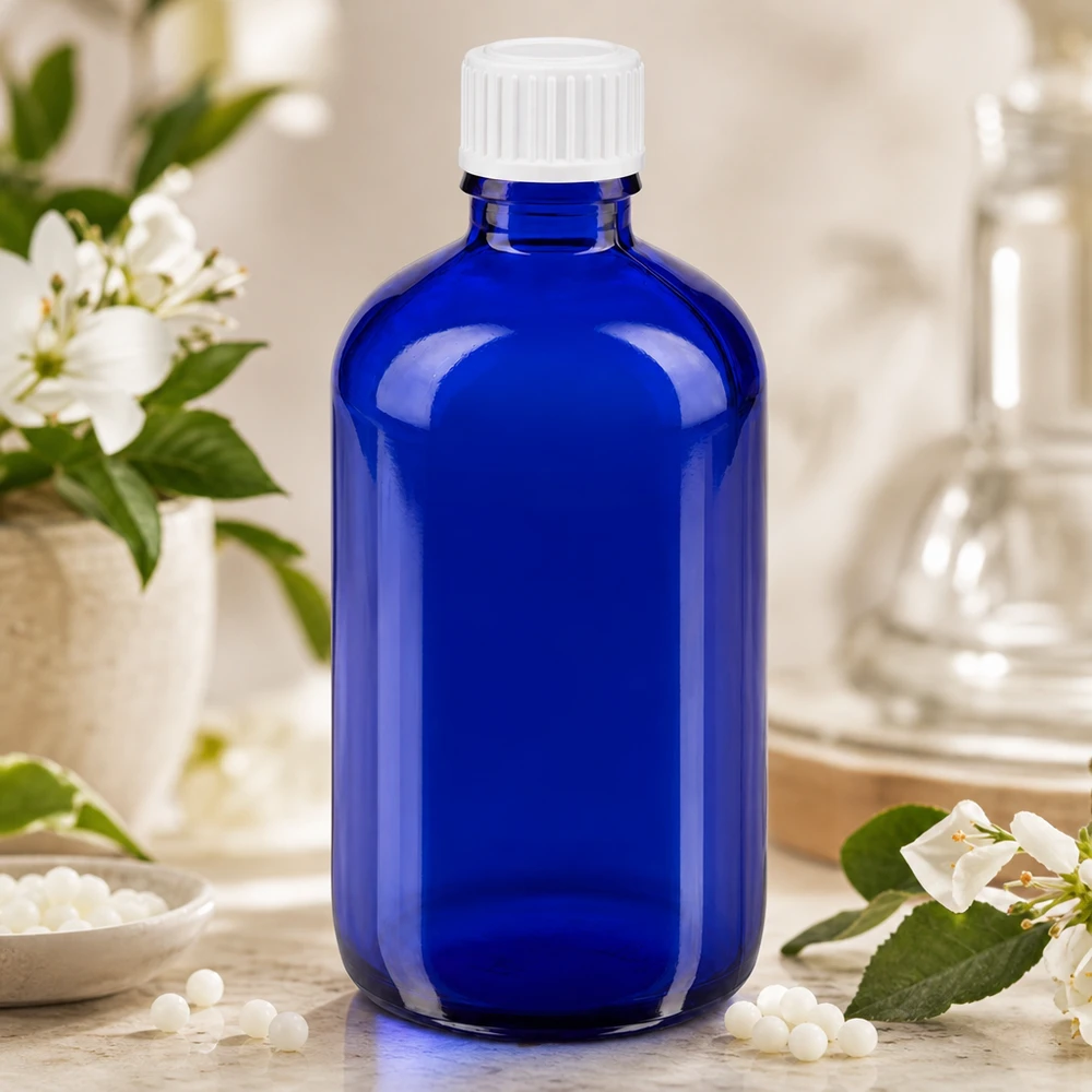 Apothekenflasche blau 100ml Tropfverschluss weiß 0.8mm Standard Rundflasche 100ml Blauglas mit weißem Kunststoffdeckel zwischen frischen Blüten und Globuli