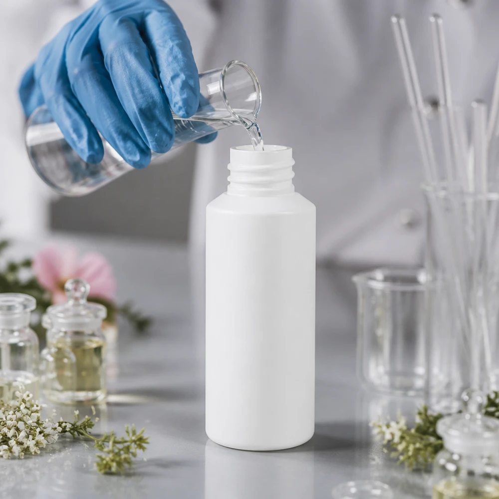 Apothekenflasche HDPE 30ml weiß, ohne Verschluss Befüllung einer weißen HDPE Apothekerflasche 30ml mit Handschuhen im Kosmetiklabor