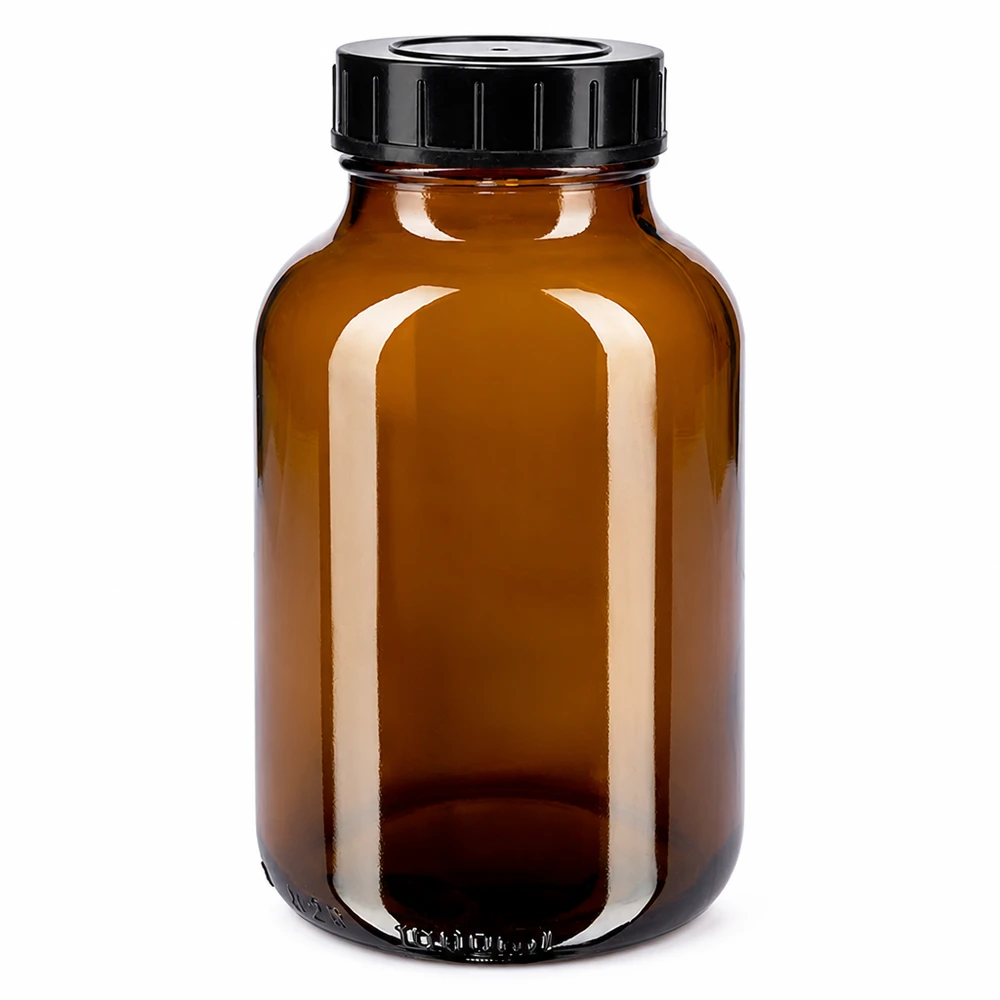 Bernsteinfarbene Glasflasche mit breitem Hals und dichtem Verschluss 1000ml Volumen