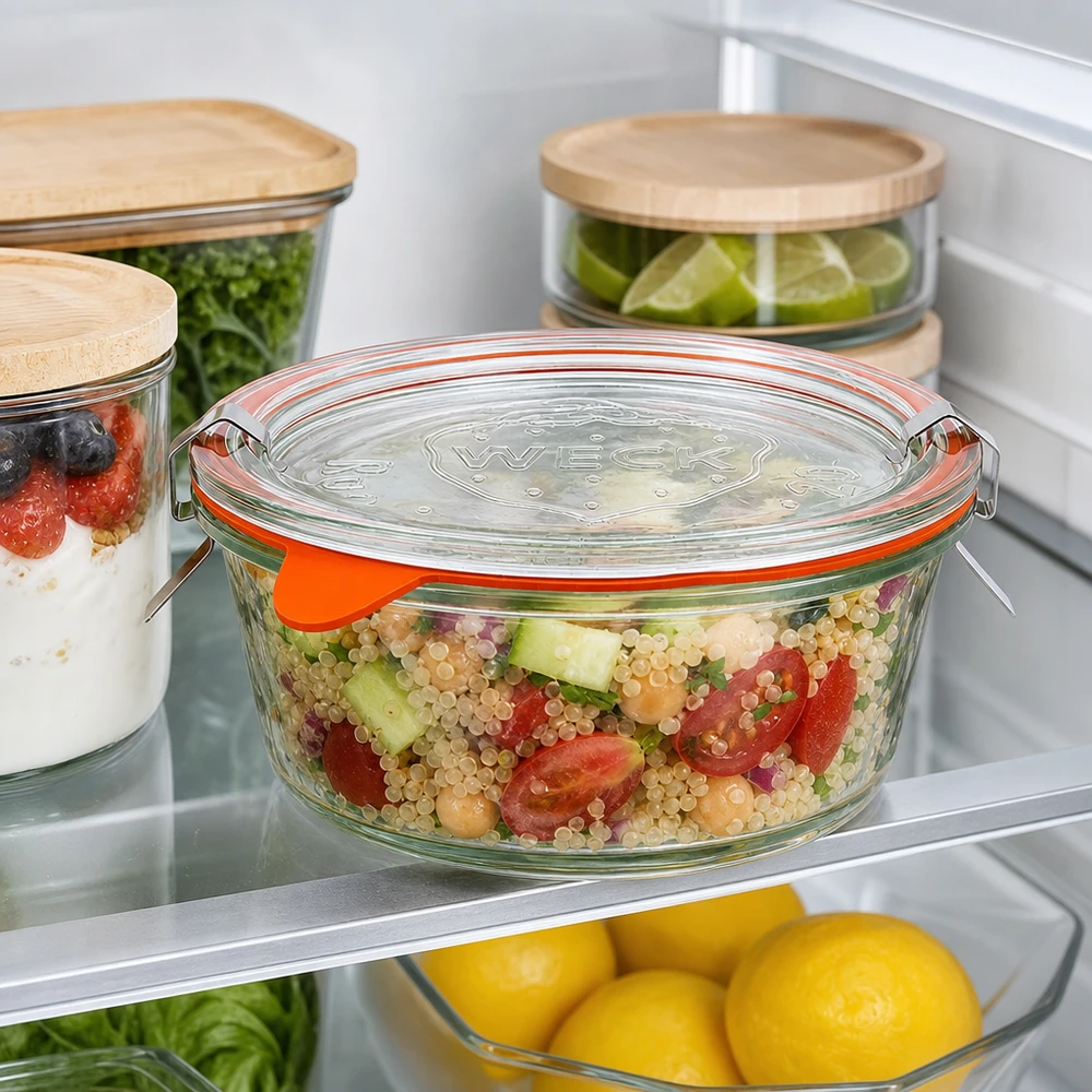 300ml Gourmetglas komplett WECK RR120 WECK Gourmetglas 300ml RR120 im Kühlschrank mit Quinoa-Salat, Meal Prep Aufbewahrung neben anderen Vorratsgläsern