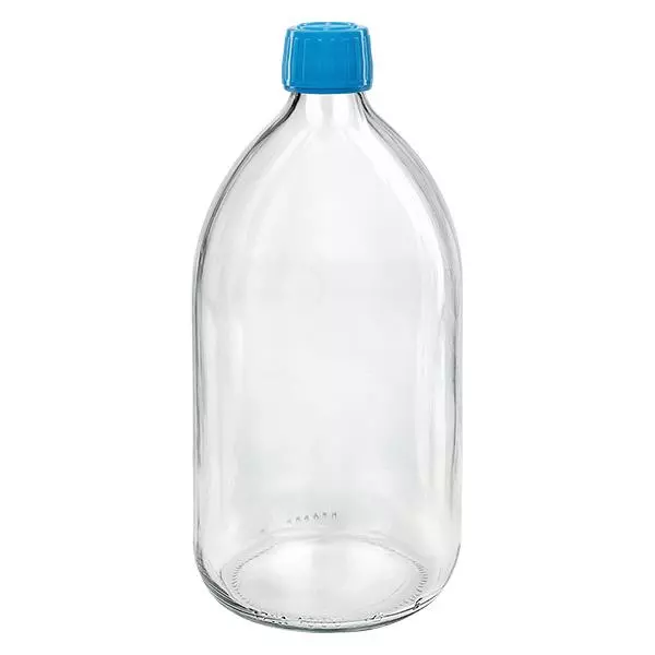 1000ml Medizinflasche klar, Verschluss blau mit Originalitätsring ApoGlas 1000ml Medizinflasche klar, Verschluss blau mit Originalitätsring ApoGlas