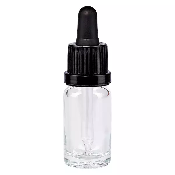 ClearLine Tropfflasche 10ml Klarglas mit schwarzem OV Verschluss und Glaspipette
