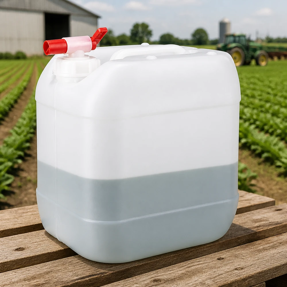 Kanister 15 Liter mit Auslaufhahn Halbgefüllter weißer 15 Liter Wasserkanister mit rotem Hahn vor grünem Feld und Traktor