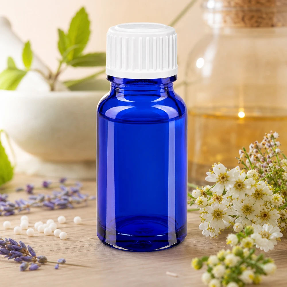 Apothekenflasche blau 10ml Schraubverschluss weiß Globuli Standard Dunkelblaue Apotheker-Glasflasche 10ml mit Schraubdeckel vor natürlichem Kräuterhintergrund