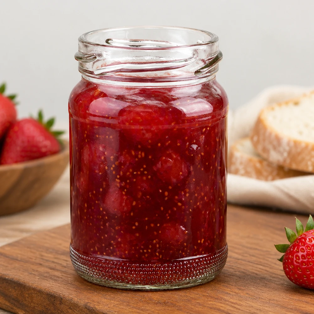 110ml Rundglas ohne Deckel (TO48) UNiTWIST UNiTWIST Runda110 Rundglas 110ml TO48 mit roter Erdbeermarmelade gefüllt auf Holzbrett neben frischen Erdbeeren