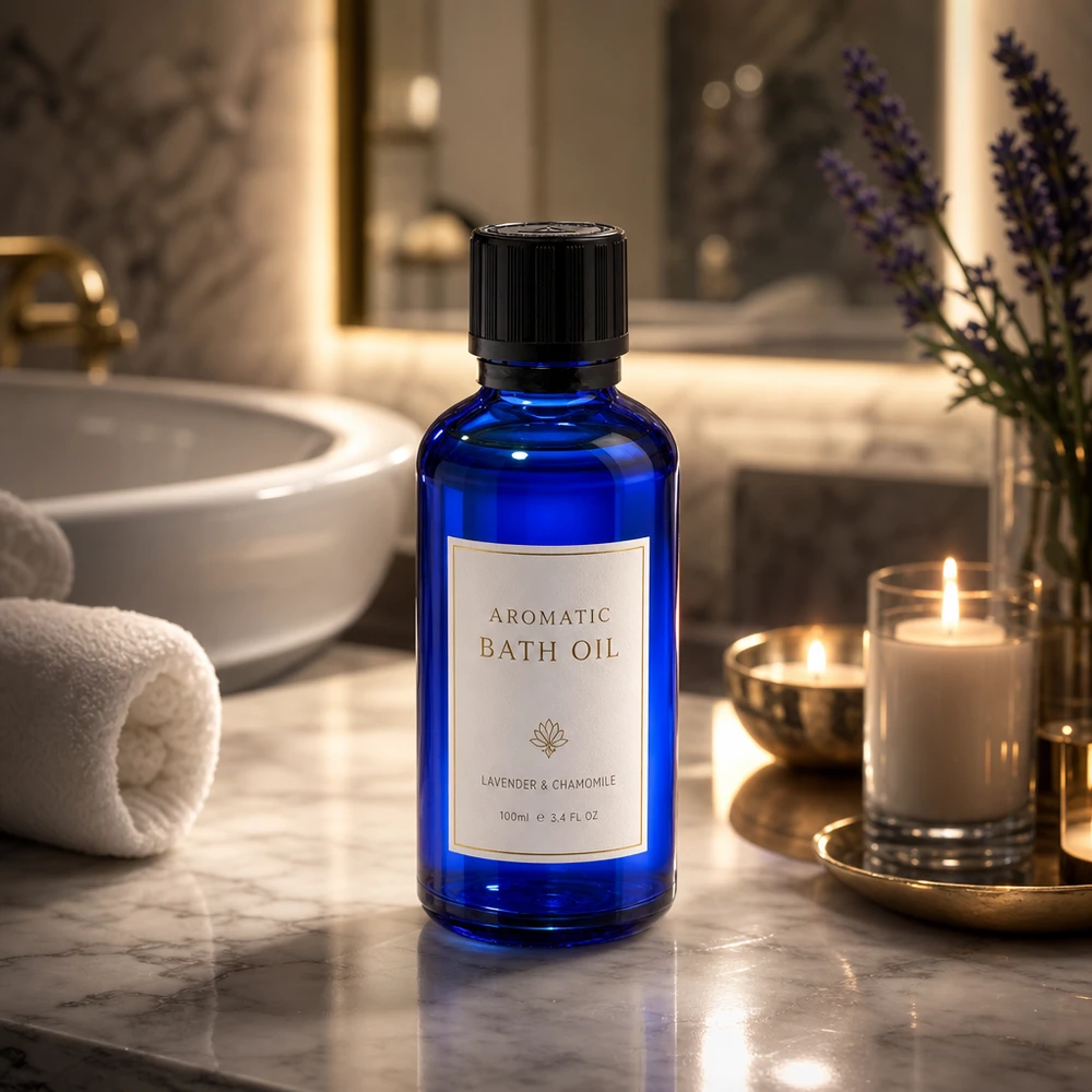 Apothekenflasche blau 50ml Tropfer Giessring 1mm schwarz Kindersicherung Blindenwarnsymbol Originalitätsverschluss 50ml Fläschchen aus blauem Apothekerglas mit KiSi-Deckel zwischen Wellnesskerzen und Badetüchern