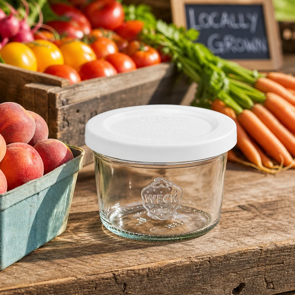 80ml Sturzglas mit Frischedeckel WECK RR60 80ml WECK Sturzglas RR60 mit Frischedeckel zwischen frischem Gemüse Obst auf rustikalem Holztisch für natürliche Vorrats