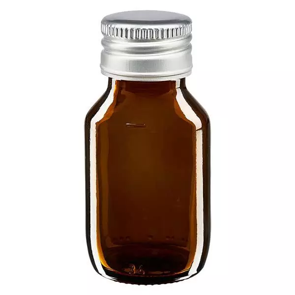50ml Medizinflasche braun, mit Verschluss silber Aluminium ApoGlas 50ml Medizinflasche braun, mit Verschluss silber Aluminium ApoGlas
