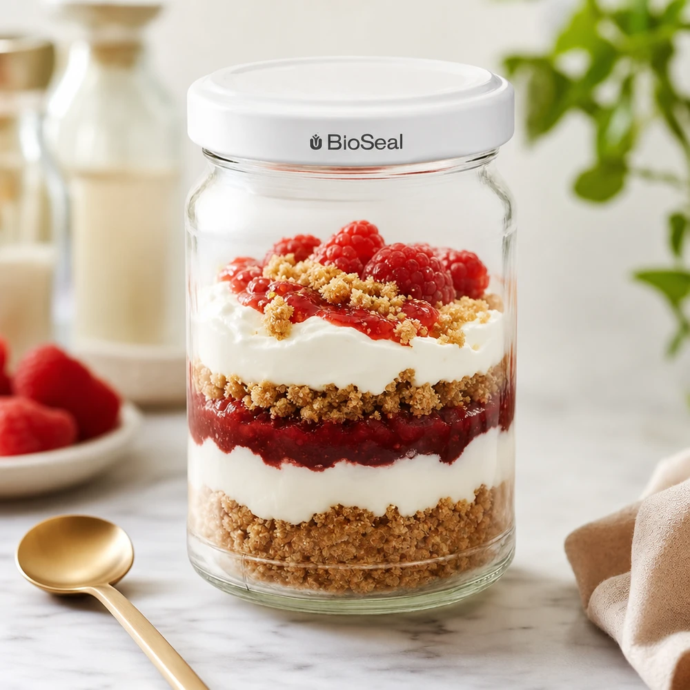 205ml Rundglas mit BioSeal Deckel weiß UNiTWIST UNiTWIST Runda205 mit TO58 BioSeal Deckel als Dessertglas für Schichtdessert mit Beeren und Sahne