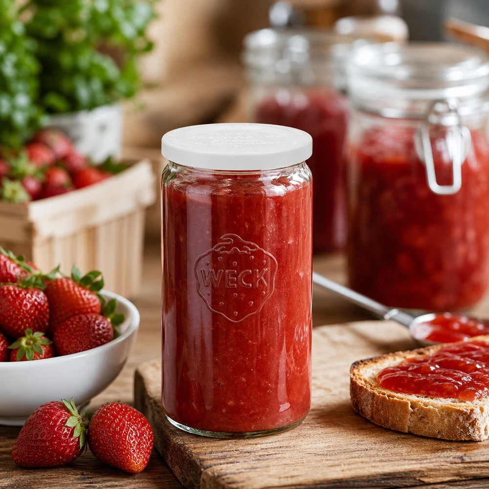 WECK Zylinderglas 340ml mit Erdbeermarmelade gefüllt in rustikaler Küche mit frischen Erdbeeren und Brot