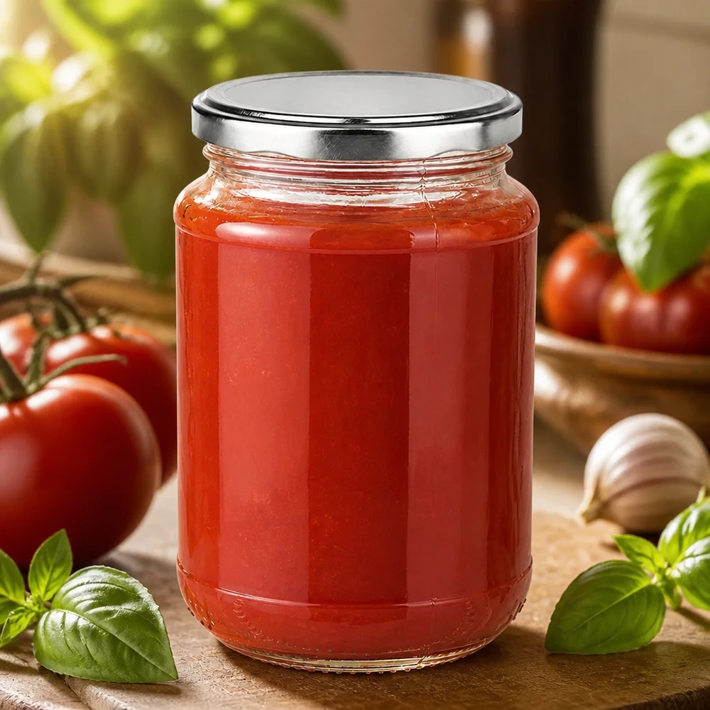 Tomatensoße haltbar gemacht im 320ml Einweckglas UniTwist mit silbernem Metalldeckel BasicSeal