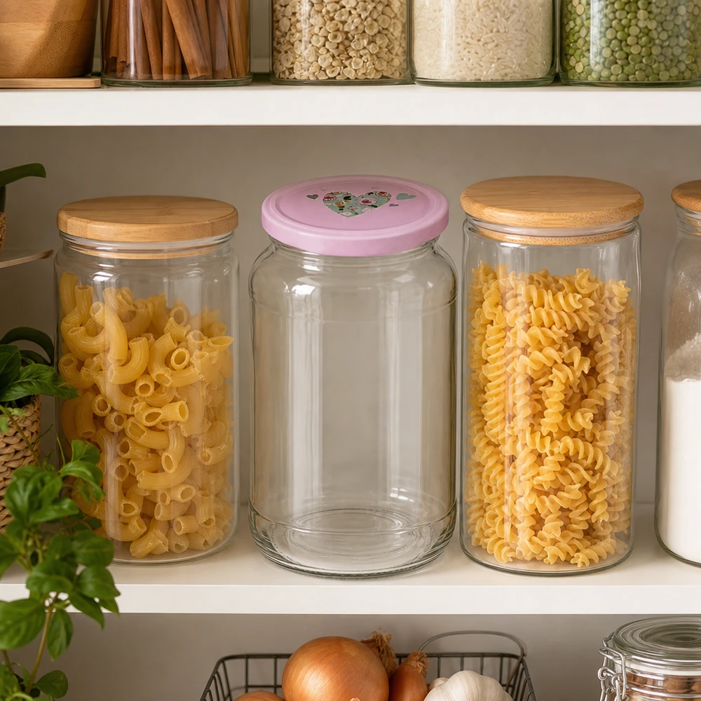 1062ml Rundglas BasicSeal rosa Herzdeckel leer in organisierter Vorratsregal Küche neben Pasta Vorratsgläsern