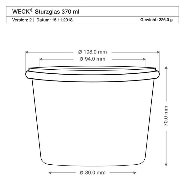 370ml Sturzglas WECK RR100 mit Korken natur WECK Sturzglas 370ml RR100 technische Zeichnung mit Maßangaben Durchmesser 108mm Höhe 70mm Gewicht 226g