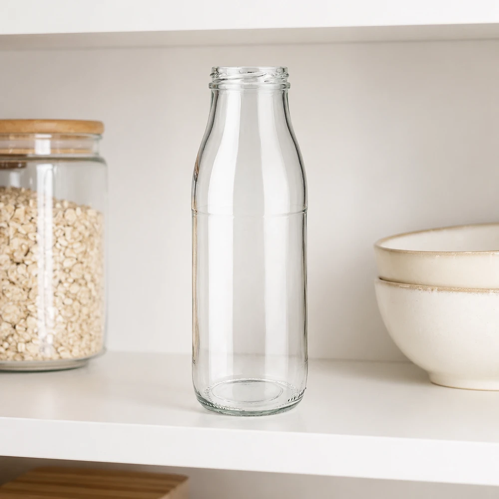 500ml Glasflasche TO48 UNiTWIST ohne Deckel auf weißer Küchenablage neben Müslischale und Vorratsglas