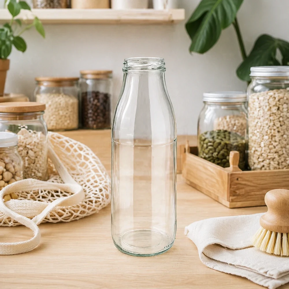 500ml Glasflasche TO48 UNiTWIST leer in nachhaltiger Zero-Waste Küche mit Vorratsgläsern und Naturfasern