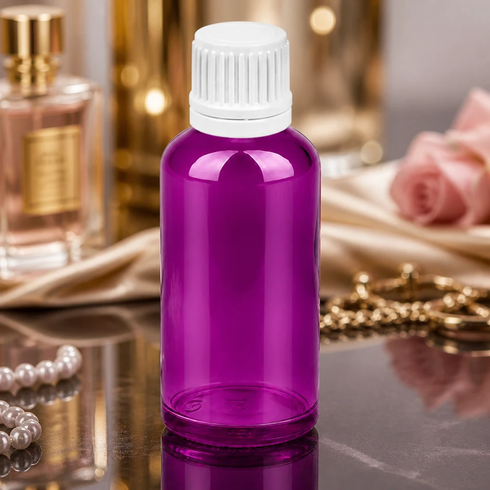 Stylische 50ml Flasche mit weißem Tropfverschluss und lila Korpus für DIY Kosmetikprodukte