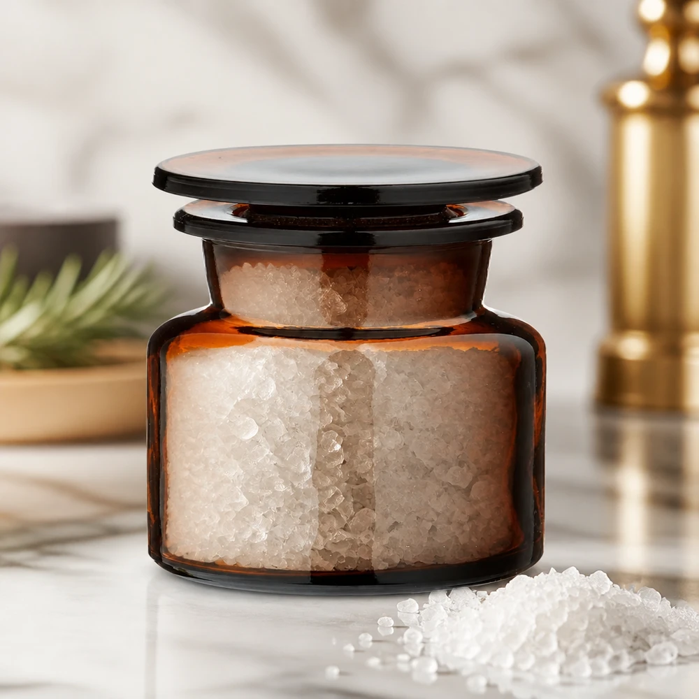 Gewürzglas Idee: Apothekerflasche 50 ml Weithals Braunglas Kompaktes Gewürzglas Apothekerflasche Braunglas mit Salzkristallen und Rosmarinzweig