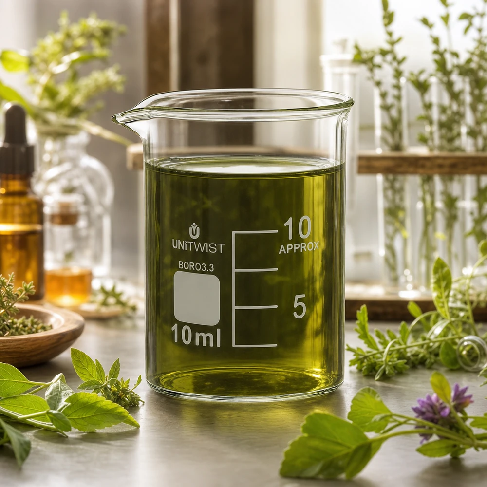 Becherglas 10ml Borosilikat, niedrige Form UNiTWIST Transparentes Laborglas 10ml mit grünem Kräuteröl neben Amber-Tropfflaschen und Heilkräutern