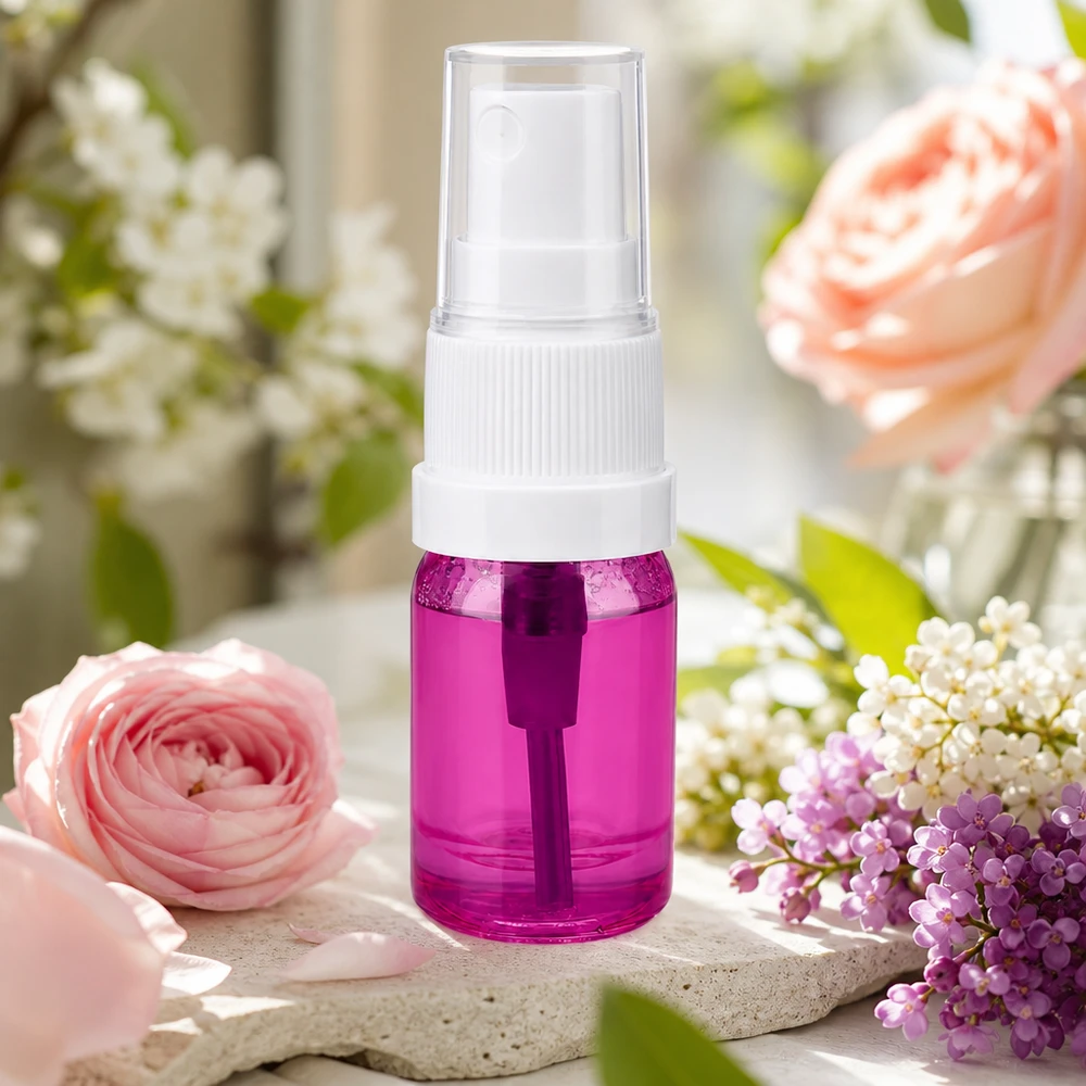 Premium 5ml Mini-Sprayflasche in transluzent-violett mit hochwertigem weißen Sprühsystem