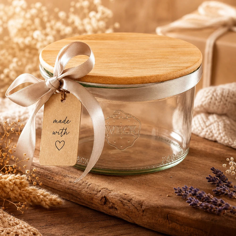 200ml Sturzglas WECK RR80 mit Holzdeckel WECK Sturzglas 200ml RR80 mit Bambus-Holzdeckel als Geschenkidee mit Schleife und Anhänger in warmer Dekoszene