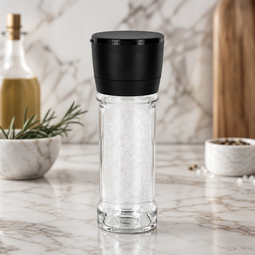 Salz-/Gewürzglas 100ml mit Mühle Vario schwarz Gewürzmühle 100ml Vario schwarz mit Glaskorpus und weißem Meersalz für die moderne Küche