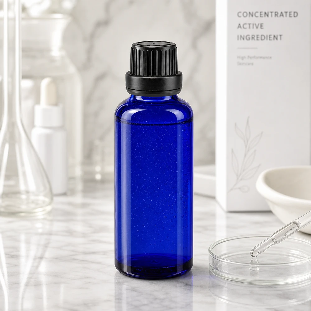 Apothekenflasche blau 30ml Tropfverschluss Giessring 2mm schwarz Originalitätsverschluss Blaue UV-Schutz Tropfflasche aus Apothekerglas 30ml mit präzisem 2mm Dosiereinsatz