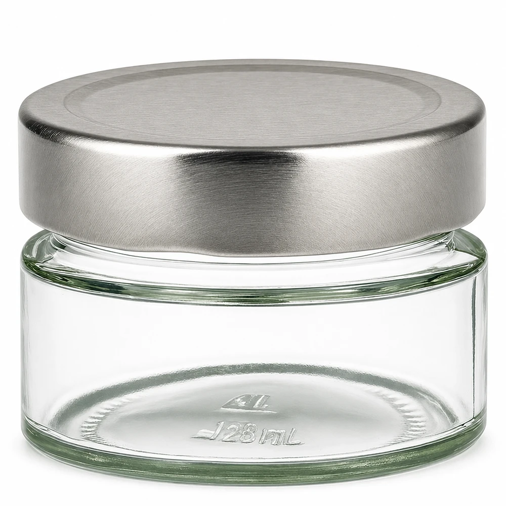 Durchsichtiges Rundglas 130ml mit silbernem Deckel ideal zum Einkochen und Lagern