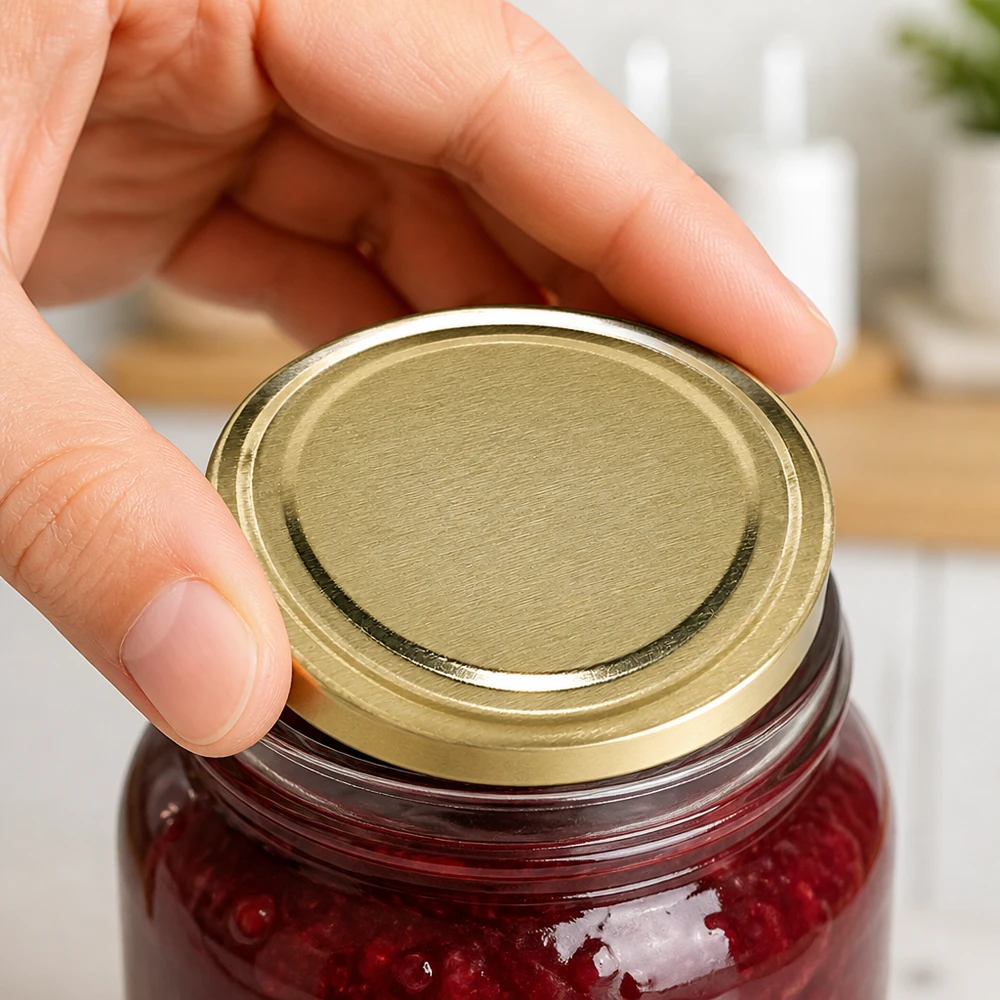 TO66 Schraubdeckel gold matt UNiTWIST BPA-NI unitemp auf Marmeladenglas mit Himbeeren