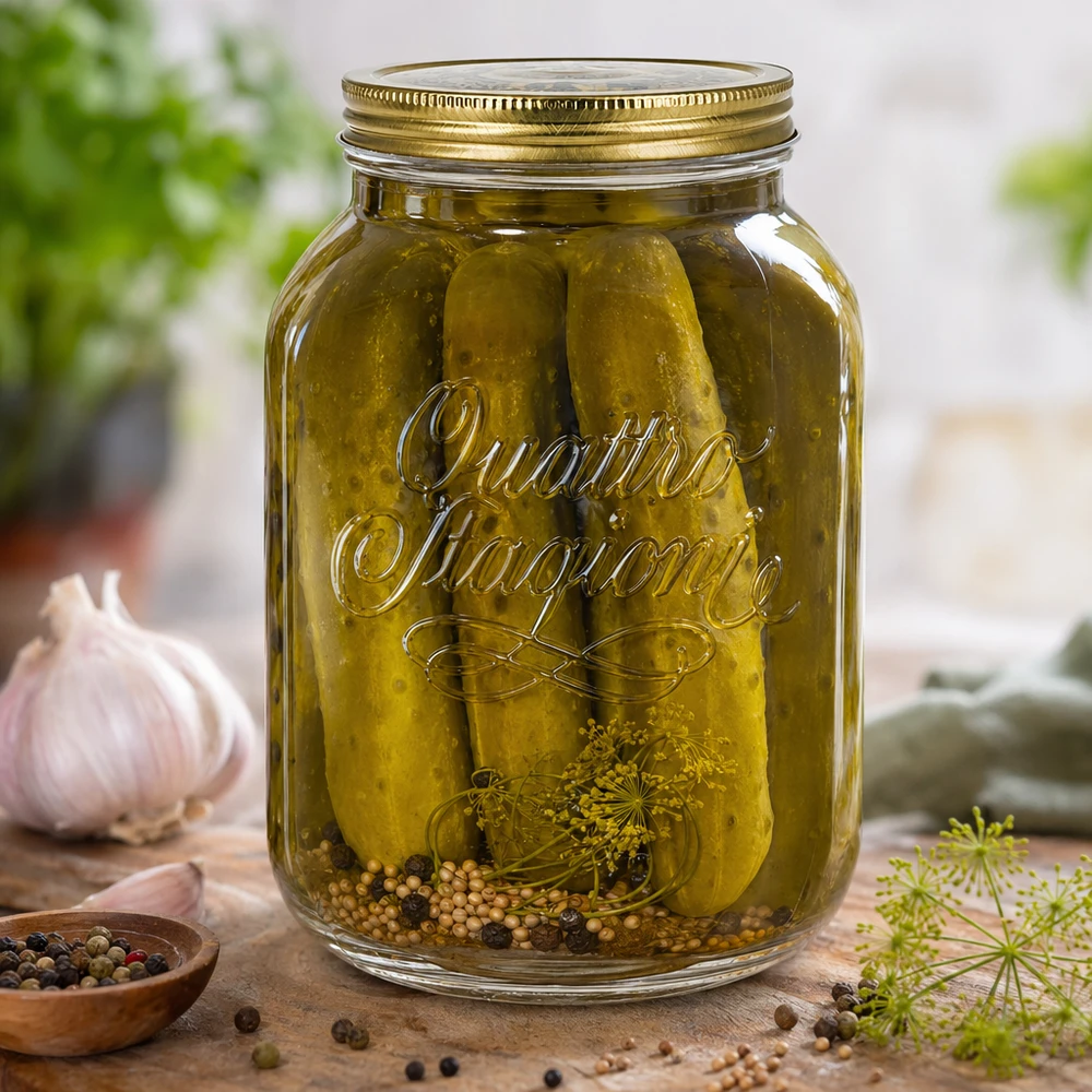 3000ml Rundglas "Quattro Stagioni" mit Deckel 3000ml Quattro Stagioni Einmachglas mit eingelegten Gurken Gewürzen und Dill zeigt perfekte Konservierung
