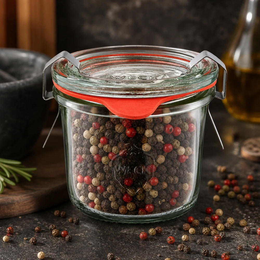 Kompaktes WECK Glas 80ml mit buntgemischten Pfefferkörnern für stilvolle Gewürzaufbewahrung