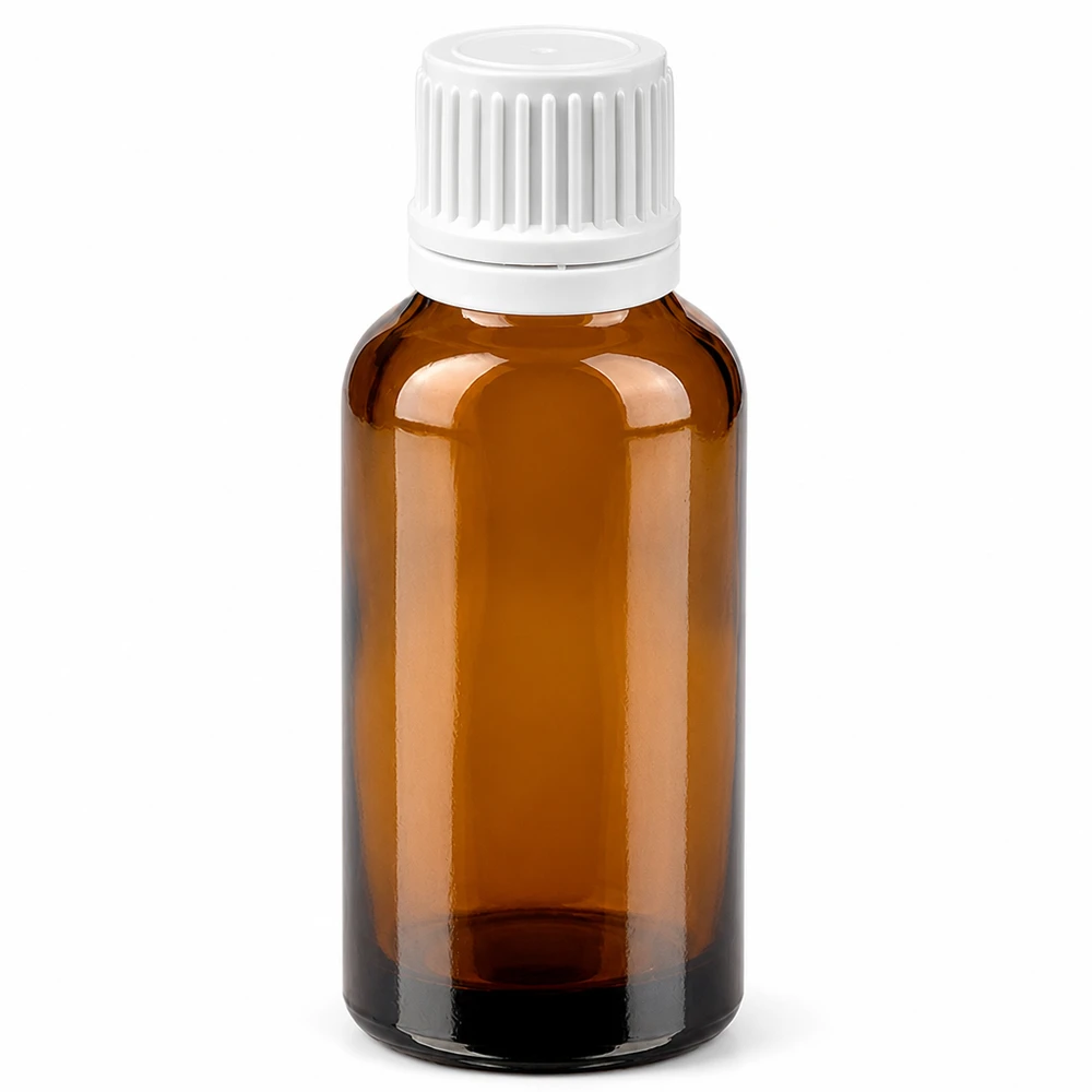 30ml Flasche 11mm Schraubverschluss weiß Originalitätsverschluss BrownLine UT18/30 Braune 30ml Glasflasche mit weißem Schraubdeckel - ideal für lichtempfindliche Substanzen