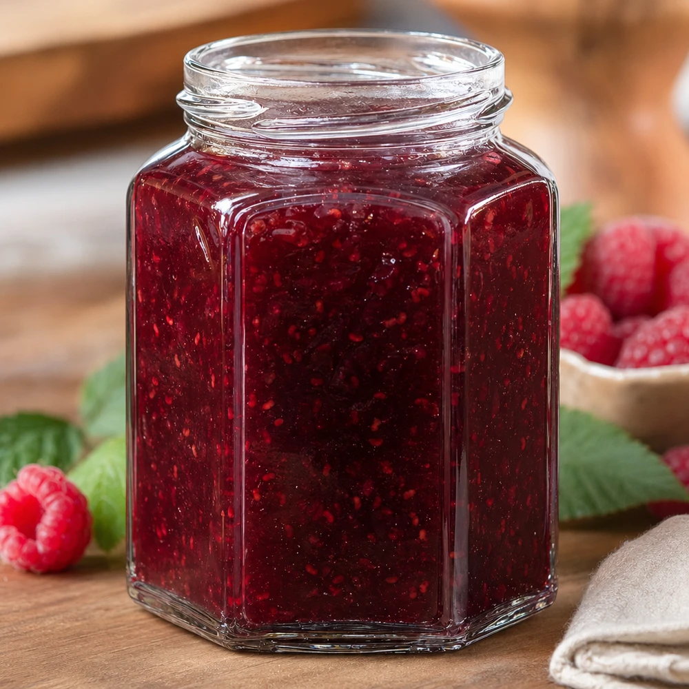 288ml Hexaglas ohne Deckel (TO63) UNiTWIST UNiTWIST Hexa288 sechseckiges Marmeladenglas 288ml mit roter Himbeermarmelade gefüllt auf Holztisch