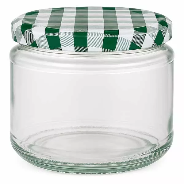 330ml Rundglas + BasicSeal Deckel grün/weiß UNiTWIST 330ml Rundglas mit grün-weiß kariertem BasicSeal Deckel, leeres Einmachglas für Lebensmittel und Konserven