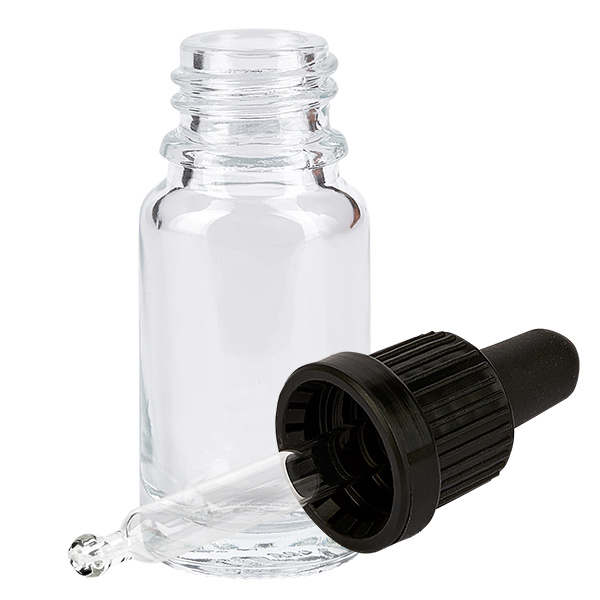 10ml Pipettenflasche schwarz Originalitätsverschluss ClearLine UT18/10 Klarglas Tropfflasche 10ml mit schwarzem Rillendeckel und Glaskapillare ClearLine Serie