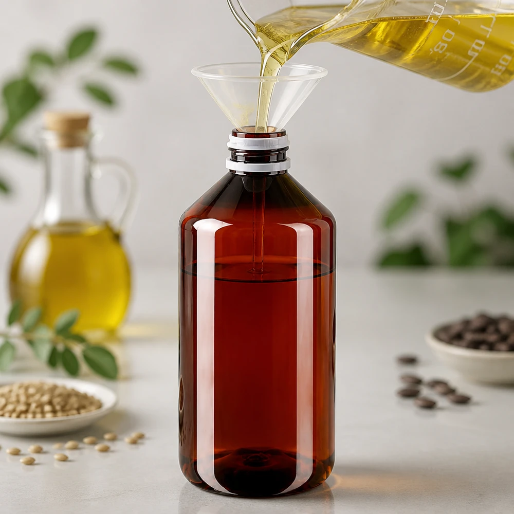 PET Flasche 750ml mit weißem Originalitätsverschluss geriffelt Braune 750ml PET Flasche mit weißem OV Deckel umgeben von Ölsaaten und frischen Kräutern