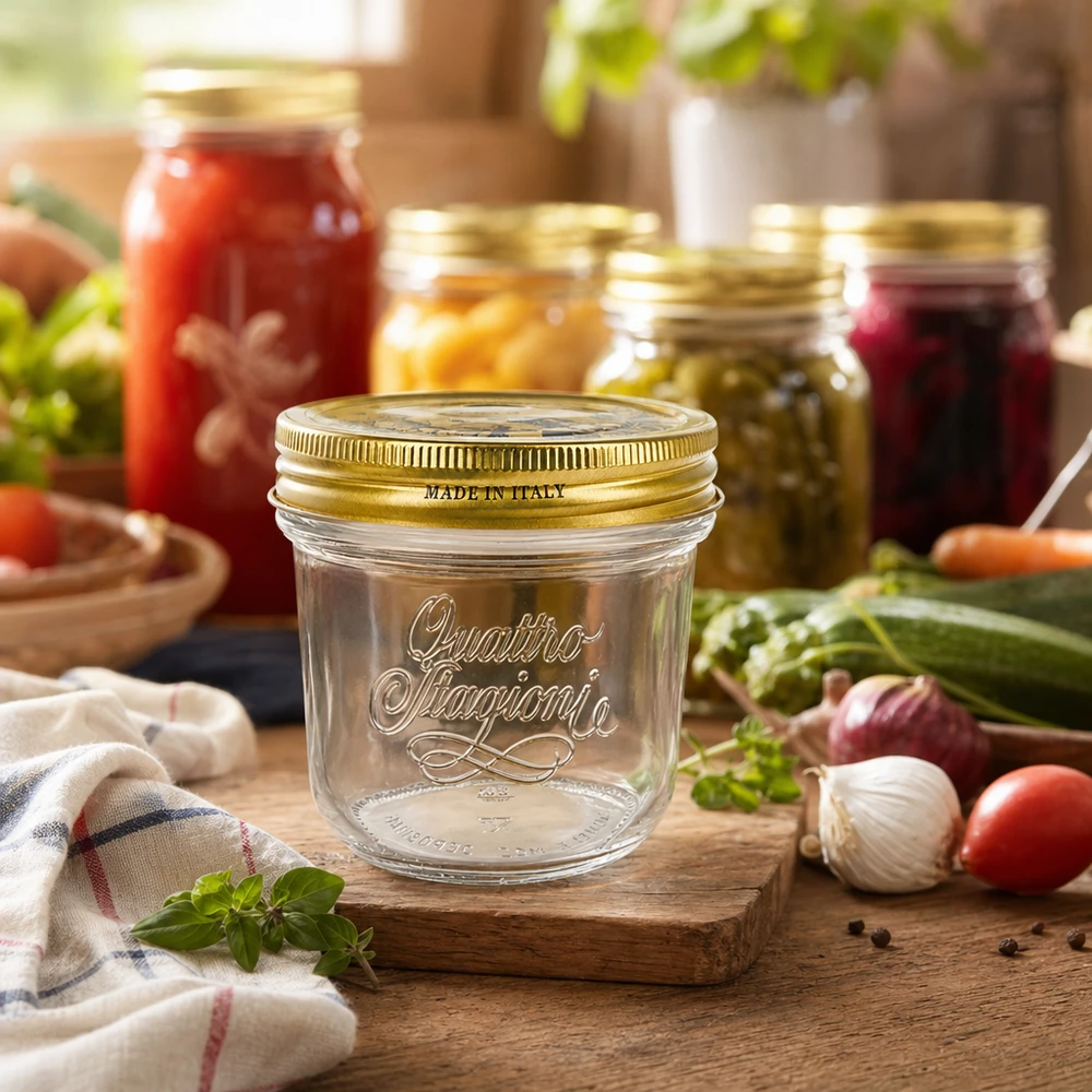 200ml Sturzglas "Quattro Stagioni" mit Deckel Quattro Stagioni 200ml Sturzglas mit goldenem Deckel auf Holzbrett umgeben von Einmachgläsern und frischem Gemüse