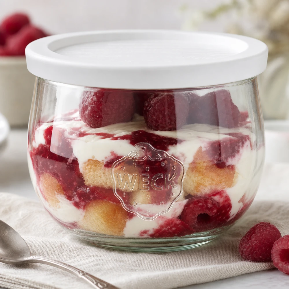 WECK Tulpenglas 580ml mit Frischedeckel als Dessertschale für Schichtnachspeise mit Himbeeren und Sahne