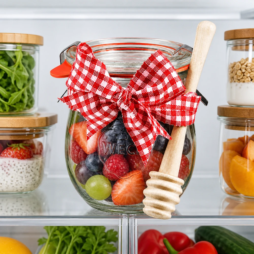 WECK-Mini-Tulpenglas 220ml komplett mit Honiglöffel WECK Einmachglas 220ml im Kühlschrank mit frischen Beeren gefüllt, Honiglöffel und roter Dekoration
