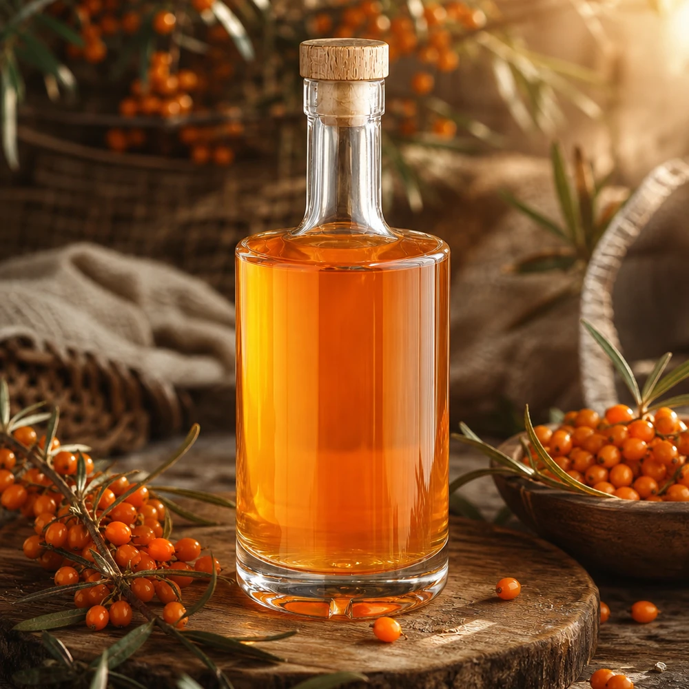 500ml Glasflasche "Passion" mit Holzgriffkorken UNiTWIST® 500ml Glasflasche Nora mit Sanddornlikör orange Holzkorken UNiTWIST rustikale Präsentation Holzbrett Beeren