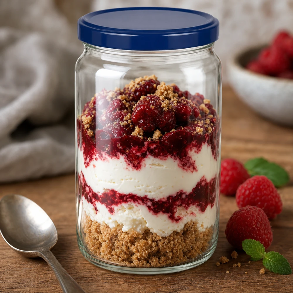795ml Rundglas mit blauem UNiTWIST Deckel gefüllt mit Schichtdessert aus Beeren Creme und Kekskrümeln auf Holztisch