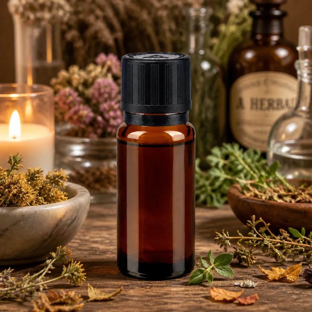 Aromatherapie Tropfflasche 10ml Braunglas mit OV und KiSi in natürlicher Kräuterumgebung