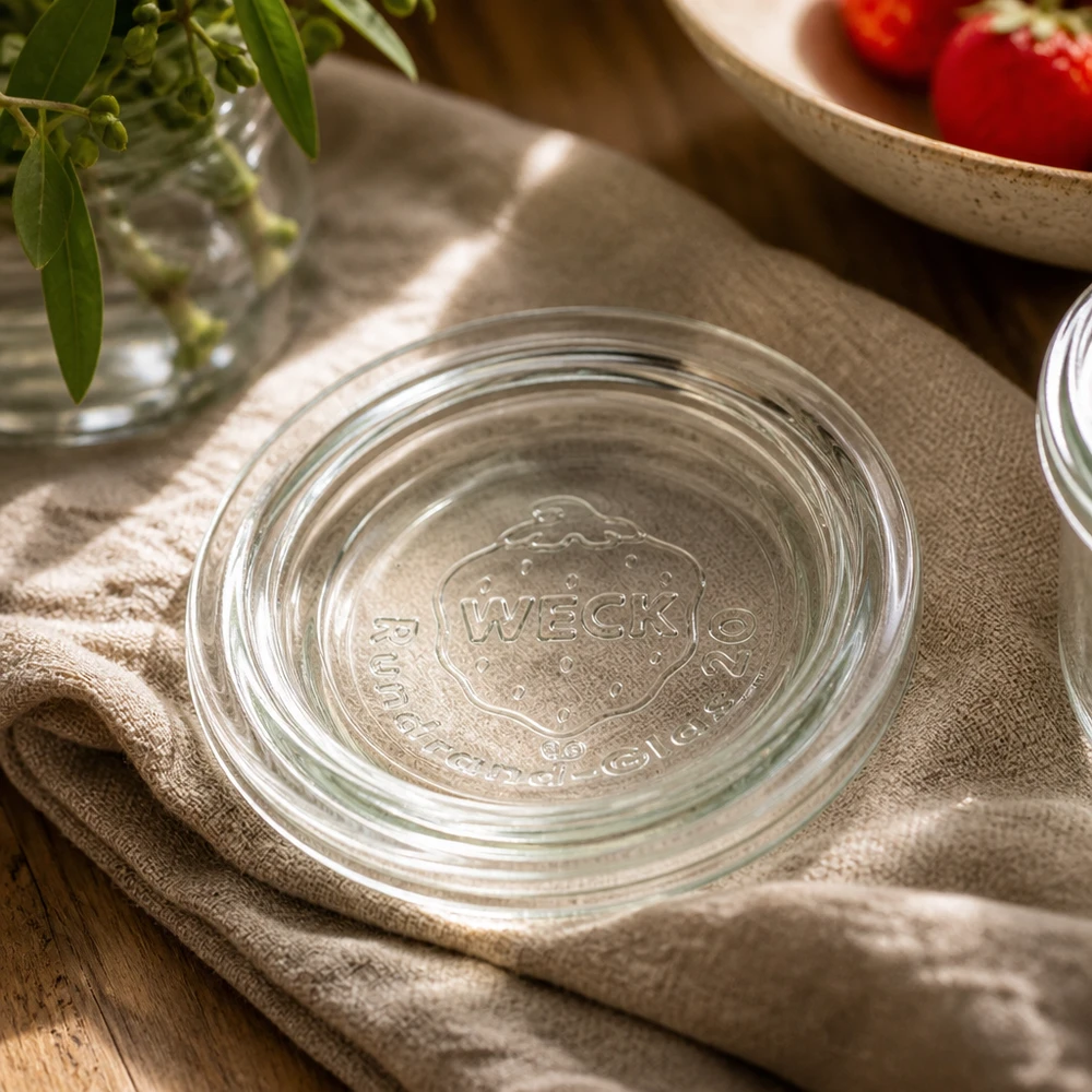 WECK Glasdeckel RR40 WECK Glasdeckel RR40 auf Küchentuch mit Dekoration - stilvolle Präsentation für nachhaltiges Einkochen