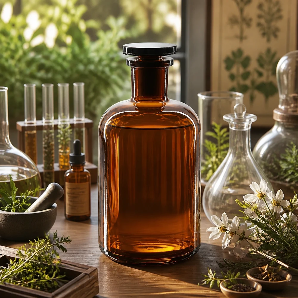Rundschulterfl. 500ml braun Enghals Glasstopfen Pharmaflasche Rundschulter 500ml braun Enghals dichtschließender Glasstopfen