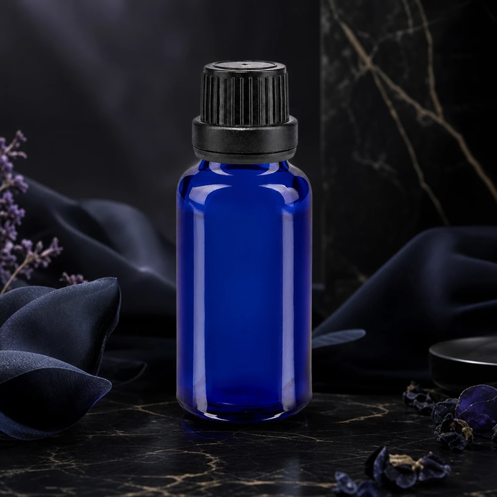 Apothekenflasche blau 20ml Schraubverschluss schwarz Dichteinlage Originalitätsverschluss Blaues 20ml Apothekerfläschchen mit schwarzem OV-Verschluss 11mm lichtgeschützt