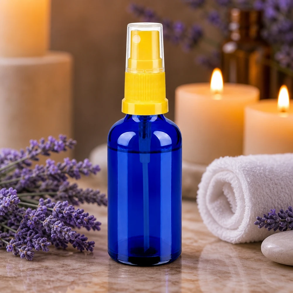 Apothekerflasche 50ml mit gelbem Sprühaufsatz - UV-Schutz durch dunkles Glas für lichtempfindliche Inhalte